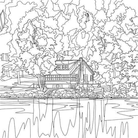 湖畔秋景中的小屋