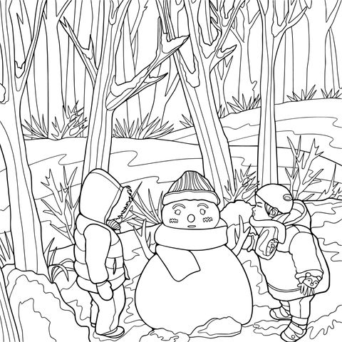 Crianças fazendo um boneco de neve na floresta