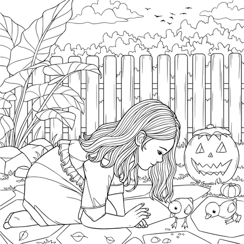 Girl interacting with ducklings beside a pumpkin