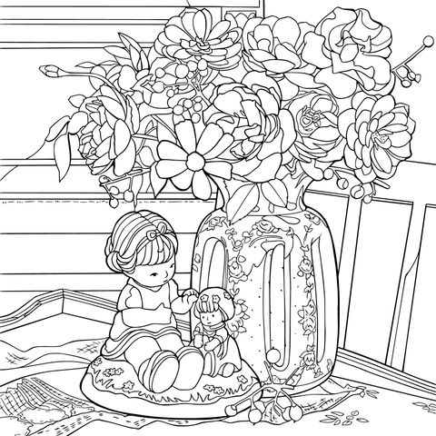 小女孩与玩偶在花束旁