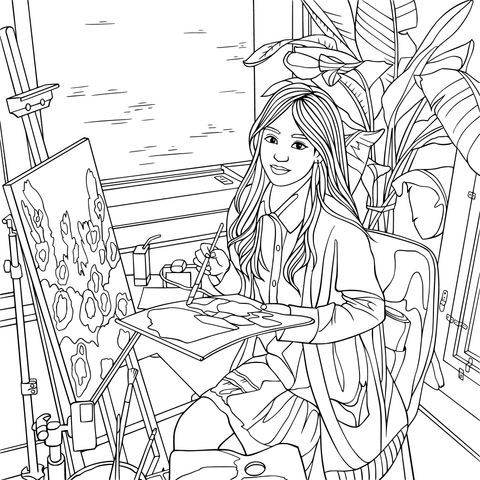 窓際で絵を描く女性
