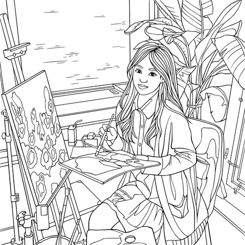Woman painting by the window