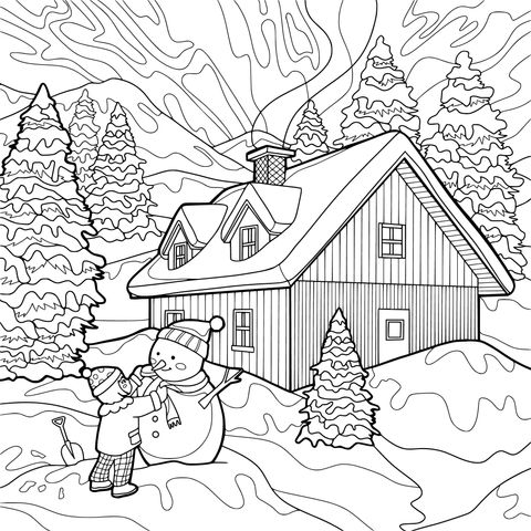 冬日小屋旁的玩雪时光