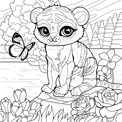 Little Tiger by the Flower Bed