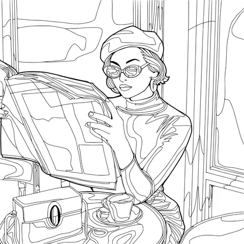 Lady reading newspaper in a café