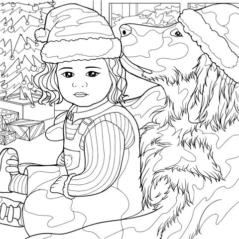 Criança pequena e cão com chapéus de Papai Noel