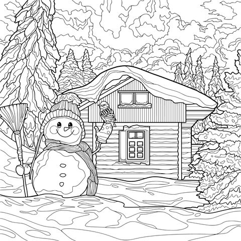 雪人与木屋的冬日景象