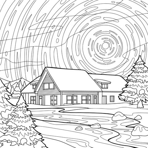梦幻极光下的小屋