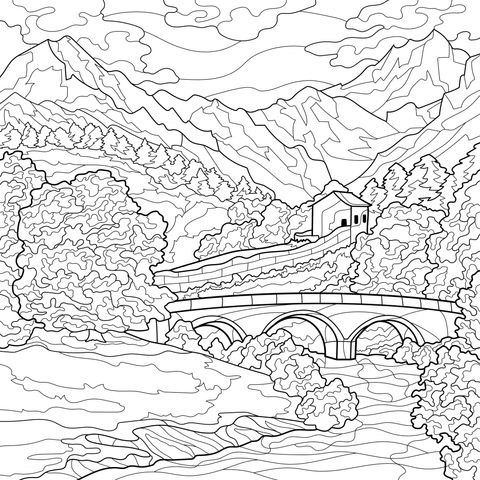 Scenery of a Cottage by the Bridge in the Mountains