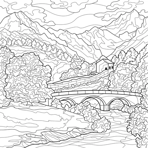 Scenery of a Cottage by the Bridge in the Mountains