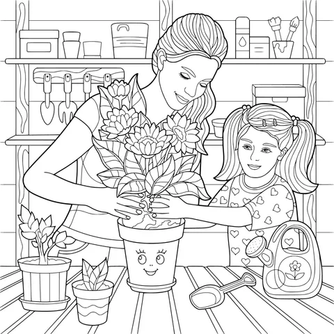 Mother and daughter planting flowers together