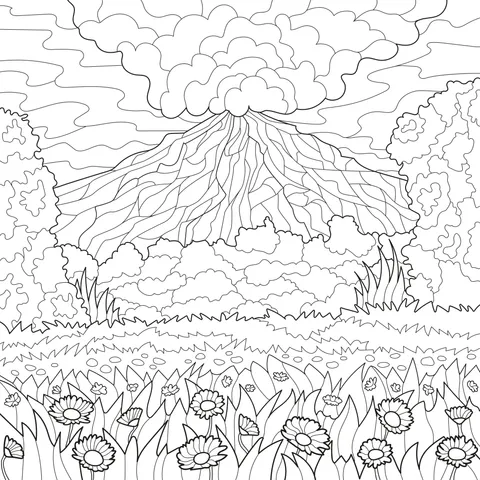 Volcano amidst blooming flowers and green fields