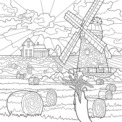 Rural Windmill and Autumn Harvest Scene