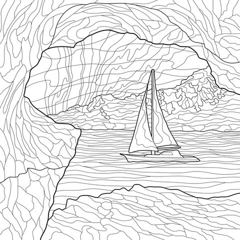 Red Sailboat Seen from a Cave