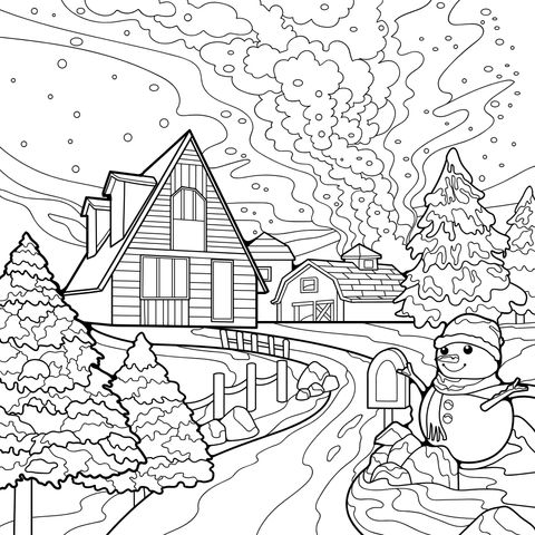Casinha Confortável e Boneco de Neve na Noite de Inverno