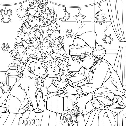 Criança passando tempo de Natal com um filhote