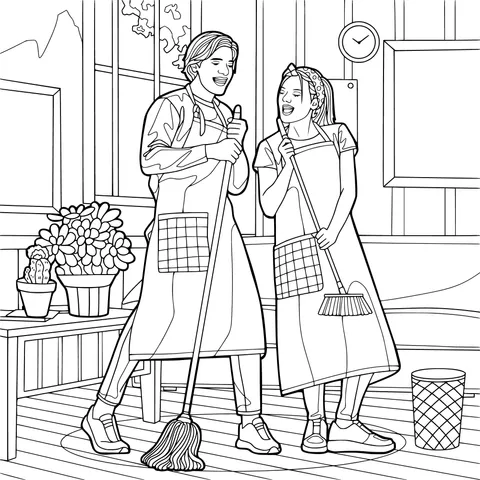 Two people happily cleaning together