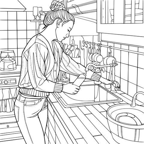 台所で食器を洗う女性