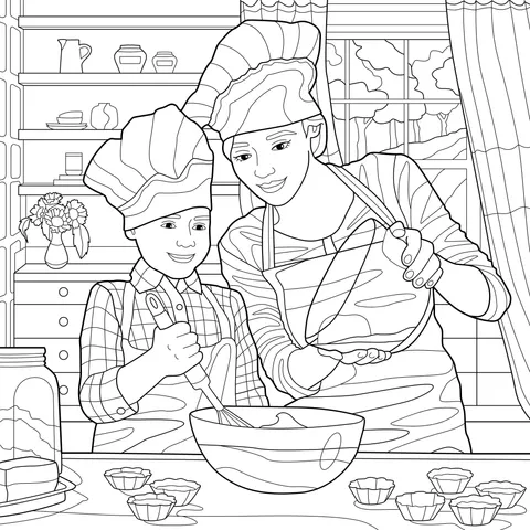 Mother and son baking together