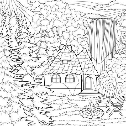 森の中の小屋と滝