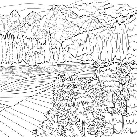 Flower - lined Path and Boat by the Lake