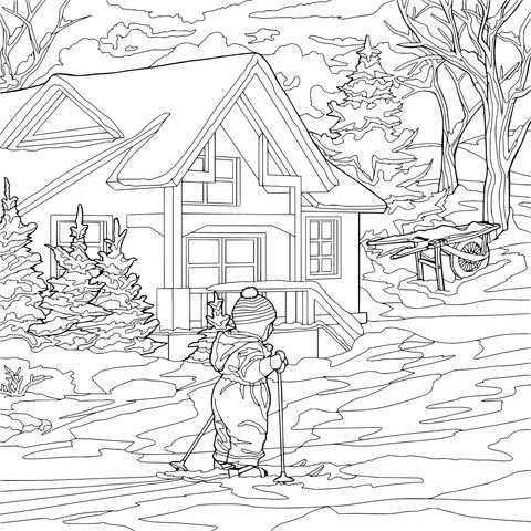 雪中小屋前的滑雪者