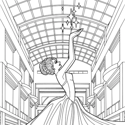 Woman in a blue - dress reaching out to touch the stars in a hall