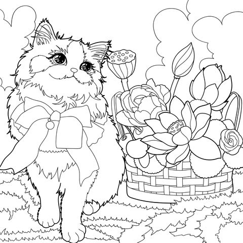 Cat with a flower basket
