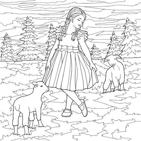 Girl and lambs on the grassland
