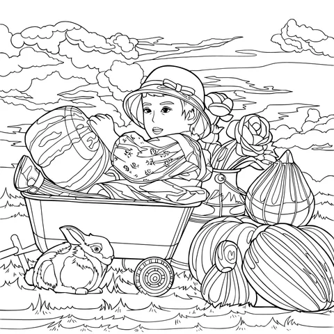 Girl and Pumpkins in a Wheelbarrow