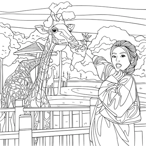 Woman feeding a giraffe in the zoo