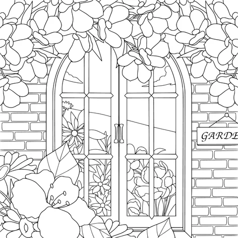 Window scene surrounded by blooming flowers