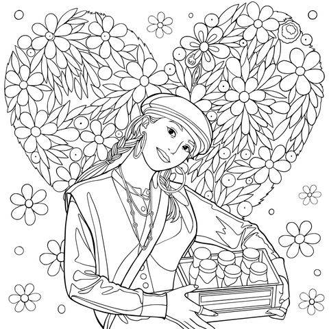 手持花盒的女士与多彩花之心