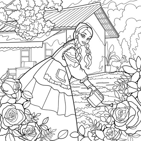 Girl watering flowers in the garden