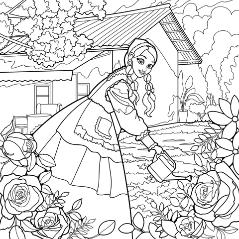 Girl watering flowers in the garden