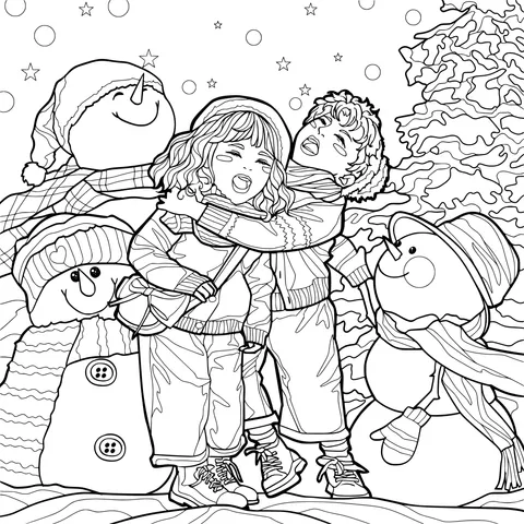 Joyful children and snowmen in winter