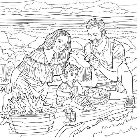 Family picnic in lavender field