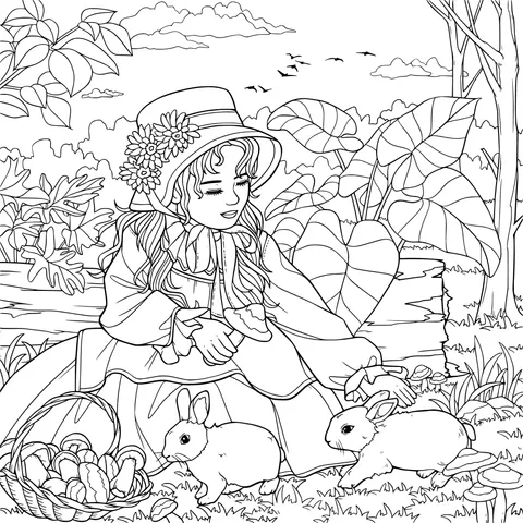Girl and Hares in the Forest