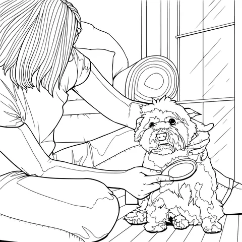 Owner grooming a small dog