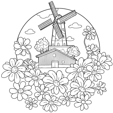 A Cottage Surrounded by Windmill and Flowers