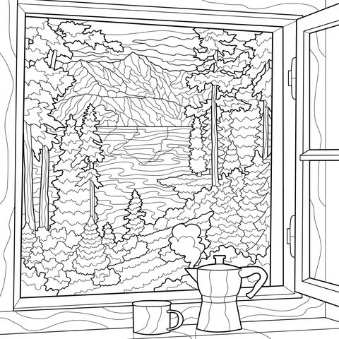 窓際の湖と山の景色とコーヒー器具