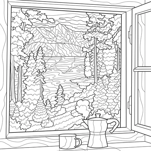 Mountain - lake scenery and coffee utensils by the window