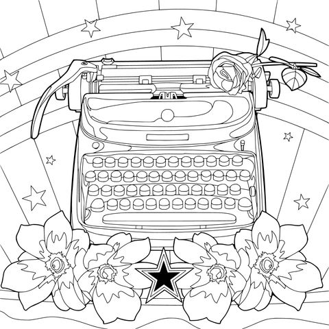 复古打字机与花卉插画