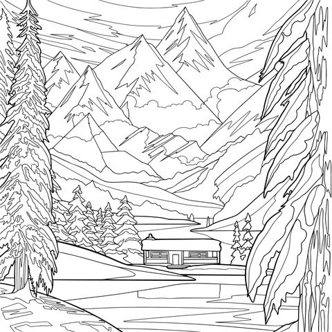Hermoso Paisaje de una Cabaña en la Montaña en Invierno