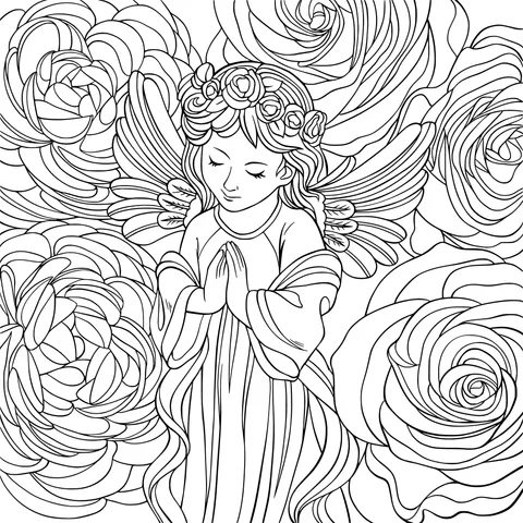 Praying Angel and Blooming Flowers