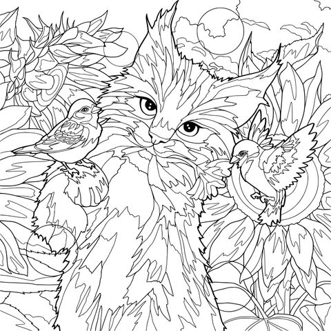 猫咪与鸟儿在向日葵间