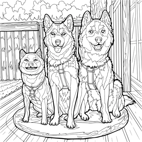 Three dogs sitting on a mat