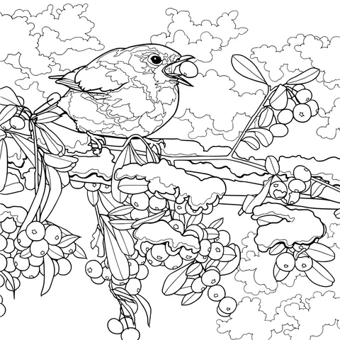 Bird pecking at berries on a snowy branch