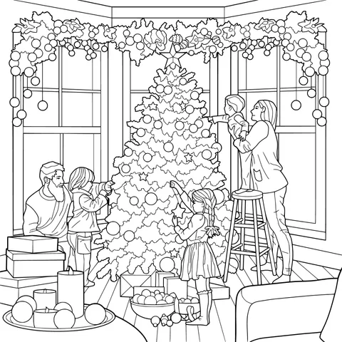 A family decorating a Christmas tree