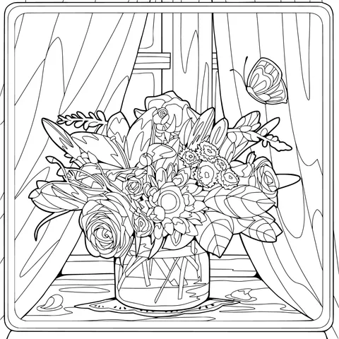 Colorful Flowers and a Butterfly in a Vase by the Window